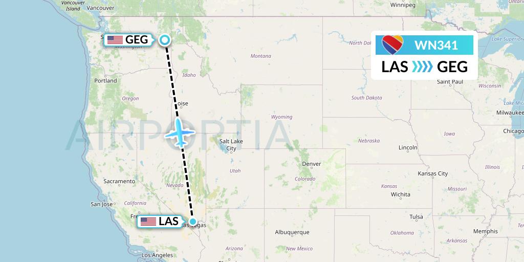 WN341 Southwest Airlines Flight Map: Las Vegas to Spokane