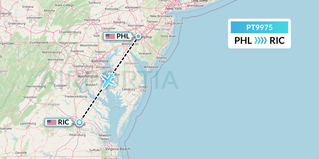 PT9975 Piedmont Airlines Flight Map: Philadelphia to Richmond
