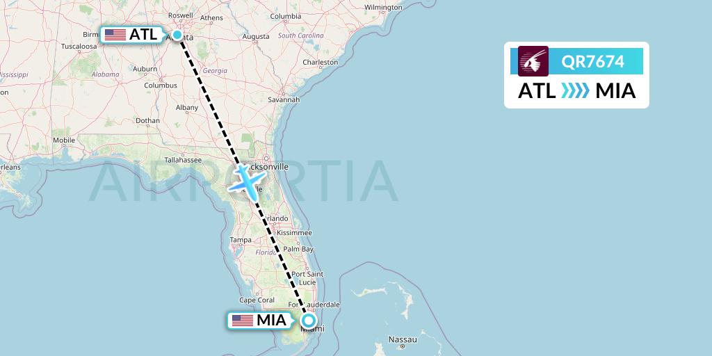 QR7674 Qatar Airways Flight Map: Atlanta to Miami