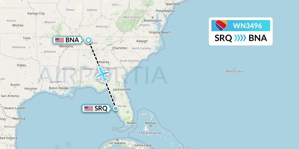 WN3496 Southwest Airlines Flight Map: Sarasota to Nashville