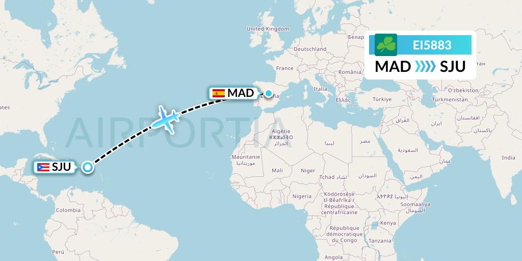 EI5883 Aer Lingus Flight Map: Madrid to San Juan