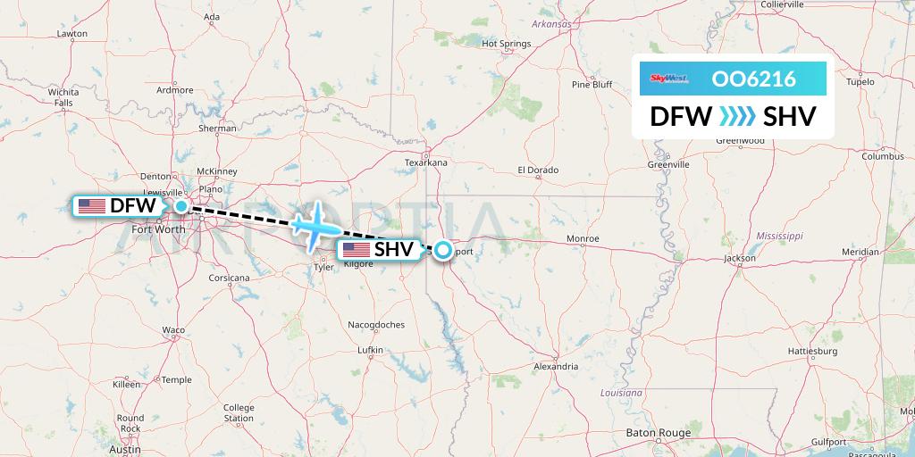 OO6216 SkyWest Airlines Flight Map: Dallas to Shreveport