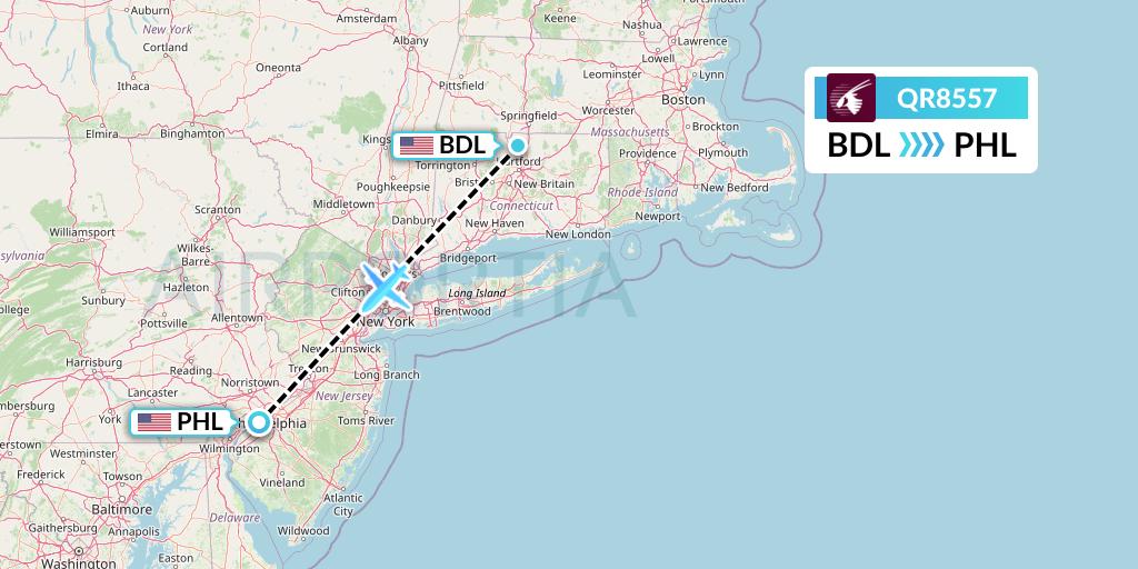 QR8557 Qatar Airways Flight Map: Windsor Locks to Philadelphia