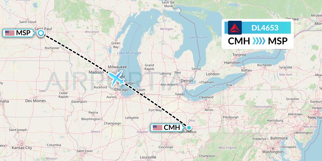 DL4653 Delta Air Lines Flight Map: Columbus to Minneapolis