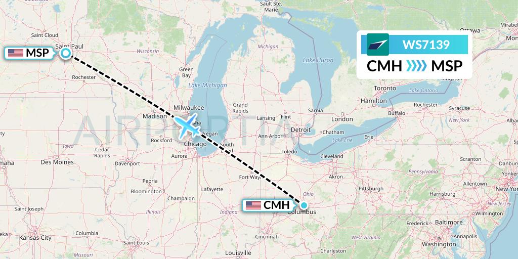 WS7139 WestJet Flight Map: Columbus to Minneapolis