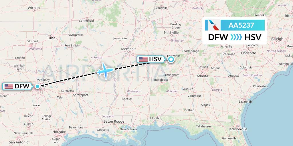 AA5237 American Airlines Flight Map: Dallas to Huntsville