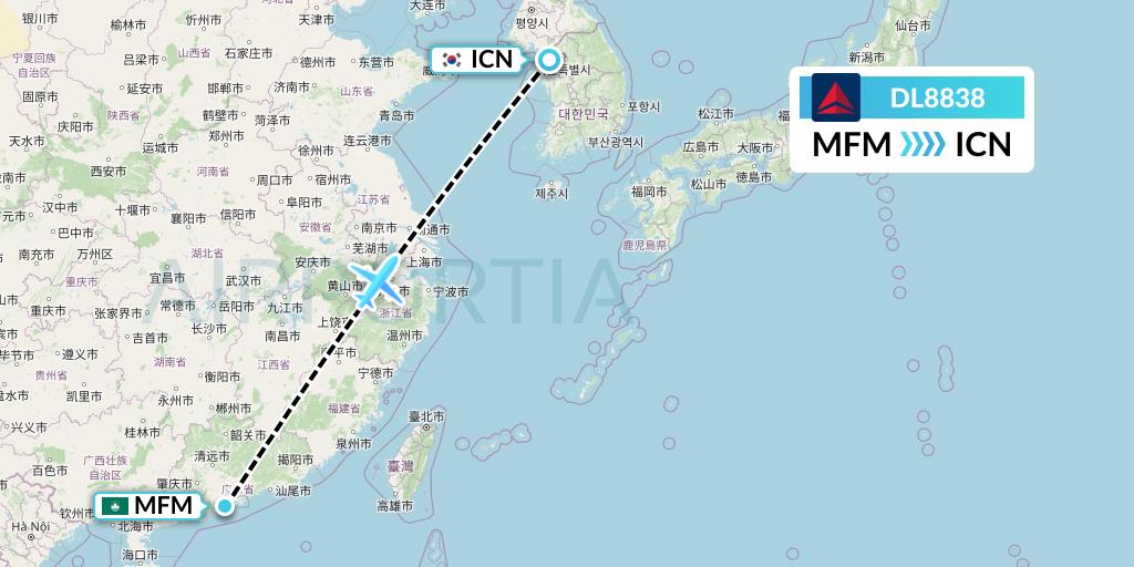 DL8838 Delta Air Lines Flight Map: Macau to Seoul