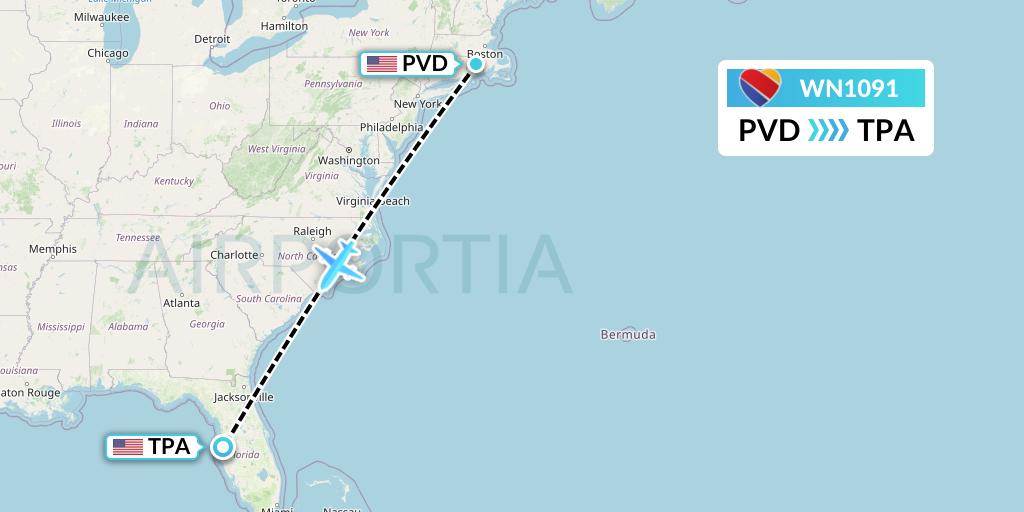 WN1091 Southwest Airlines Flight Map: Providence to Tampa