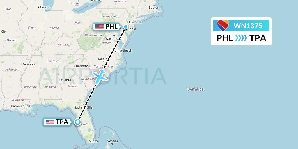 WN1375 Southwest Airlines Flight Map: Philadelphia to Tampa