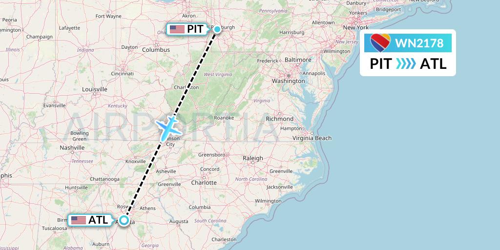 WN2178 Southwest Airlines Flight Map: Pittsburgh to Atlanta