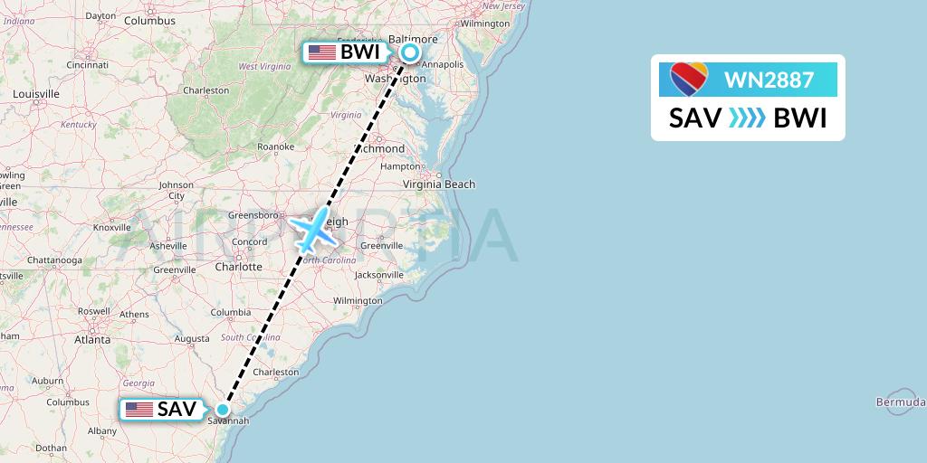 WN2887 Southwest Airlines Flight Map: Savannah to Baltimore
