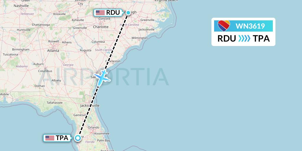 WN3619 Southwest Airlines Flight Map: Raleigh-Durham to Tampa