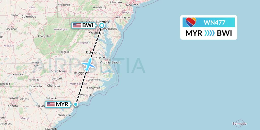 WN477 Southwest Airlines Flight Map: Myrtle Beach to Baltimore