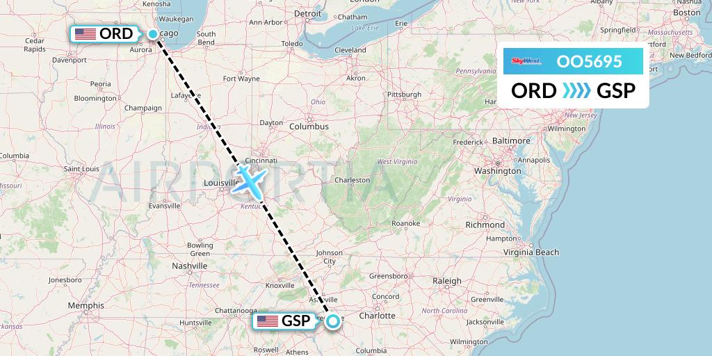 OO5695 SkyWest Airlines Flight Map: Chicago to Greenville-Spartanburg