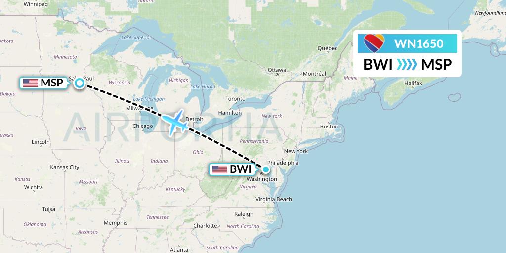WN1650 Southwest Airlines Flight Map: Baltimore to Minneapolis