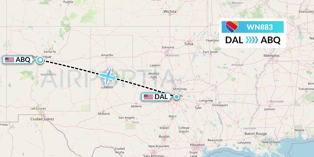WN883 Southwest Airlines Flight Map: Dallas to Albuquerque