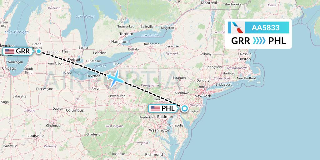 AA5833 American Airlines Flight Map: Grand Rapids to Philadelphia