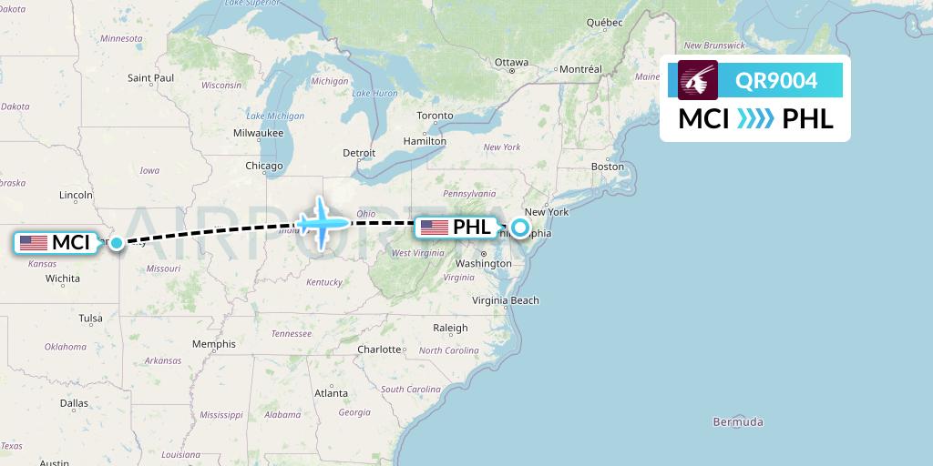 QR9004 Qatar Airways Flight Map: Kansas City to Philadelphia