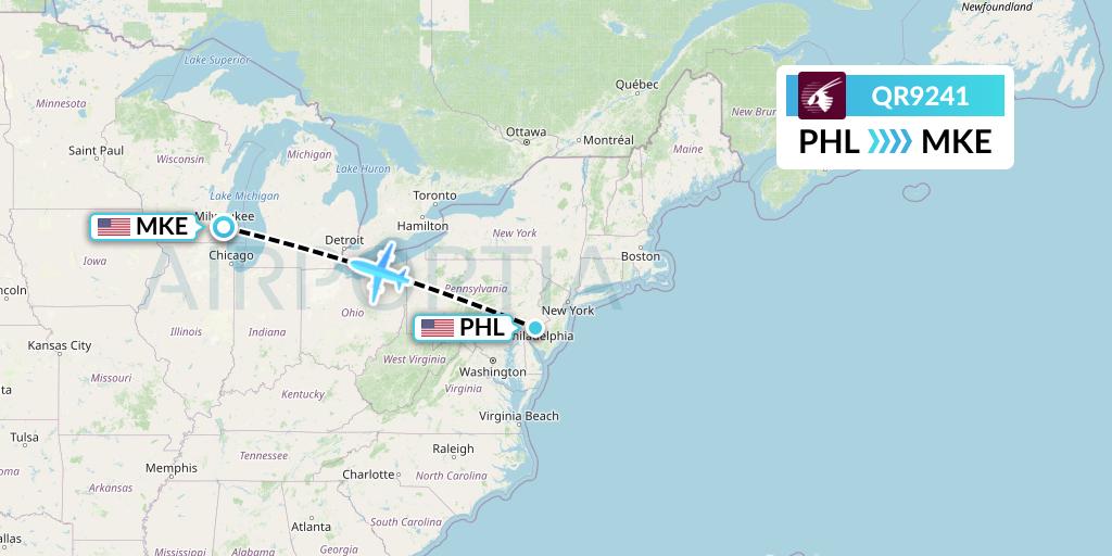 QR9241 Qatar Airways Flight Map: Philadelphia to Milwaukee