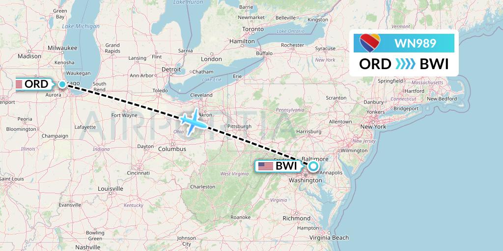 WN989 Southwest Airlines Flight Map: Chicago to Baltimore