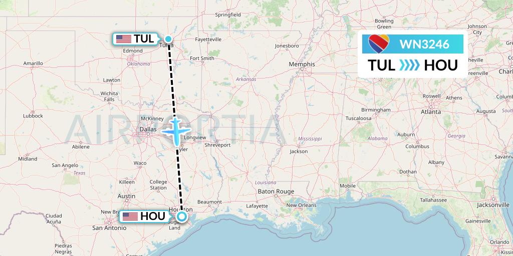 WN3246 Southwest Airlines Flight Map: Tulsa to Houston
