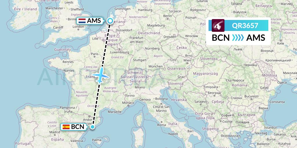 QR3657 Qatar Airways Flight Map: Barcelona to Amsterdam