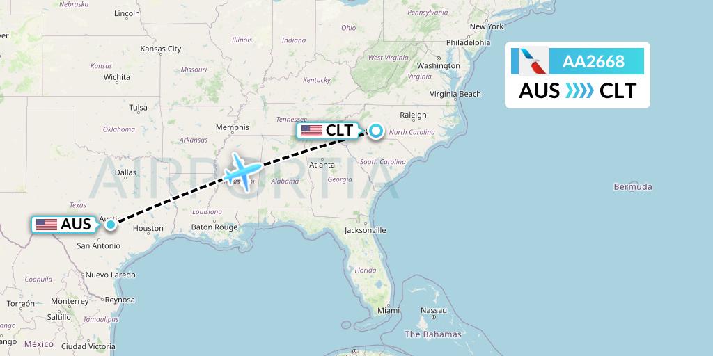 AA2668 American Airlines Flight Map: Austin to Charlotte