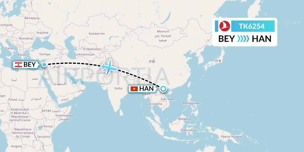 TK6254 Turkish Airlines Flight Map: Beirut to Hanoi