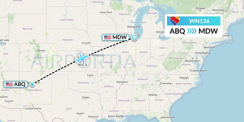 WN136 Southwest Airlines Flight Map: Albuquerque to Chicago