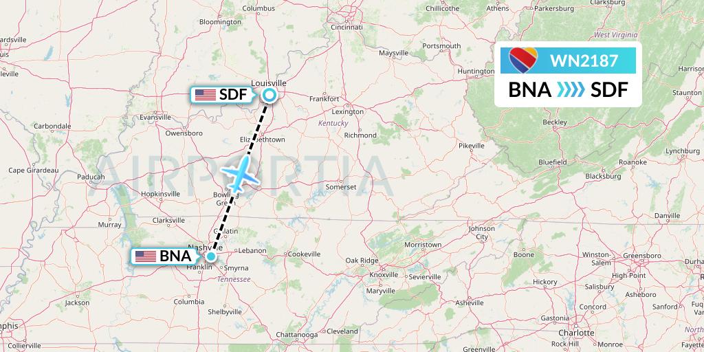 WN2187 Southwest Airlines Flight Map: Nashville to Louisville