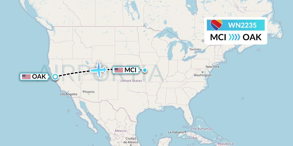 WN2235 Southwest Airlines Flight Map: Kansas City to Oakland