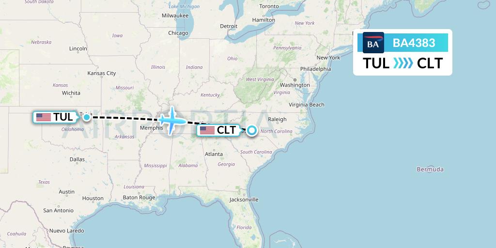 BA4383 British Airways Flight Map: Tulsa to Charlotte