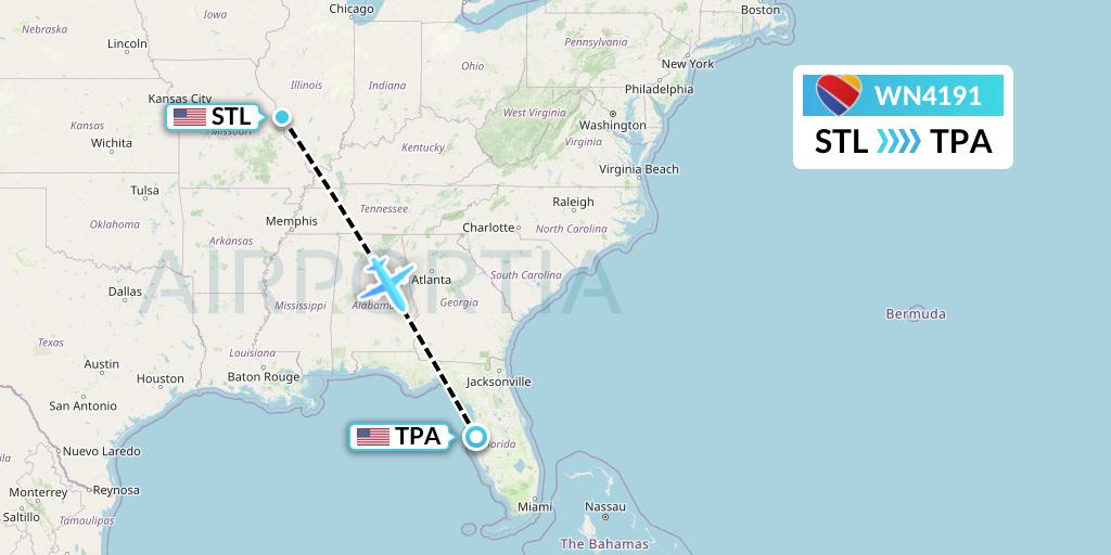 WN4191 Southwest Airlines Flight Map: St. Louis to Tampa