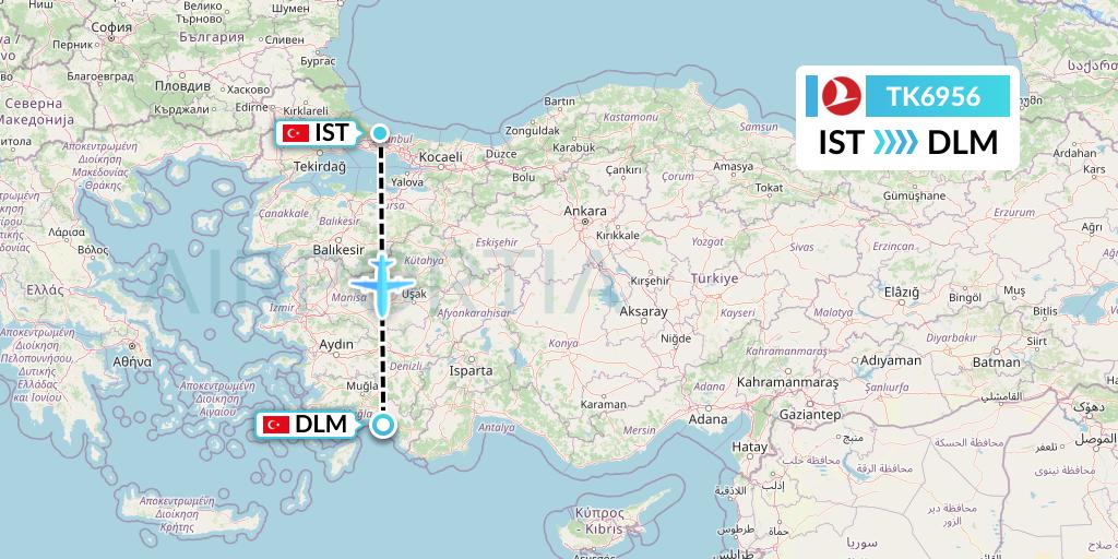 TK6956 Turkish Airlines Flight Map: Istanbul to Dalaman
