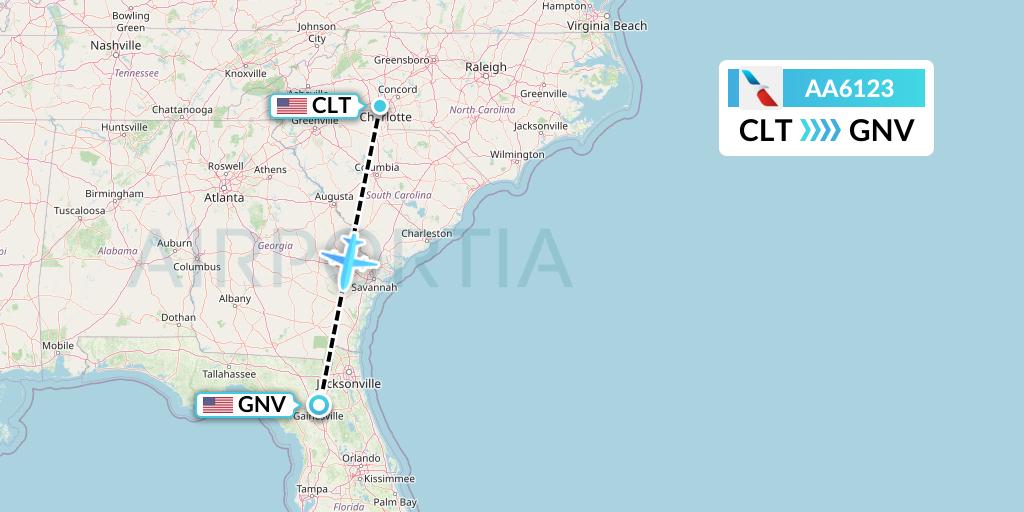 AA6123 American Airlines Flight Map: Charlotte to Gainesville