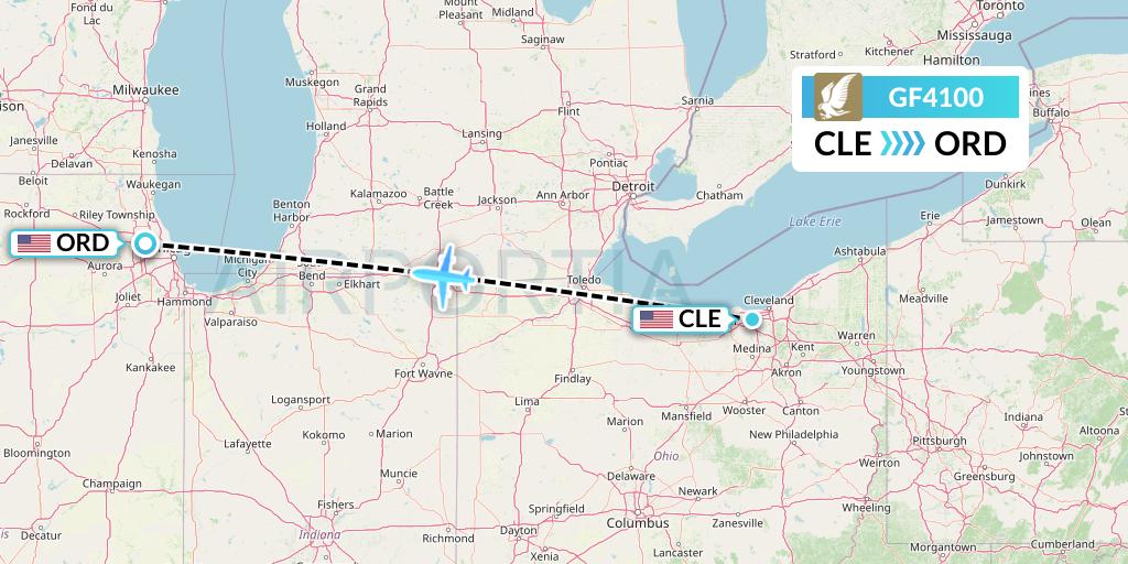GF4100 Gulf Air Flight Map: Cleveland to Chicago