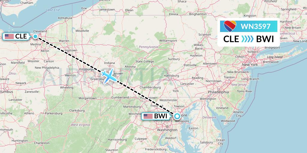 WN3597 Southwest Airlines Flight Map: Cleveland to Baltimore