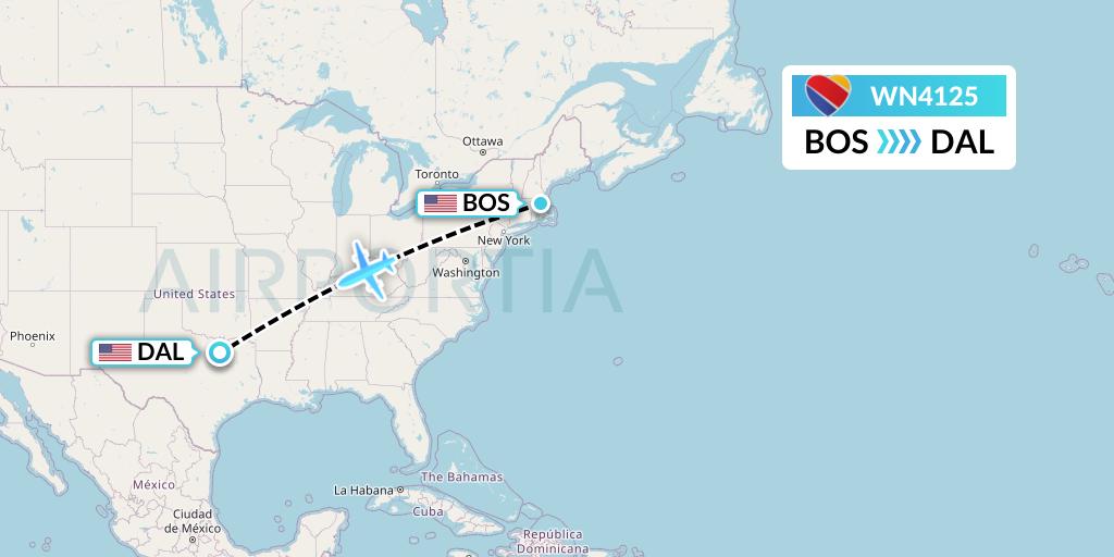 WN4125 Southwest Airlines Flight Map: Boston to Dallas