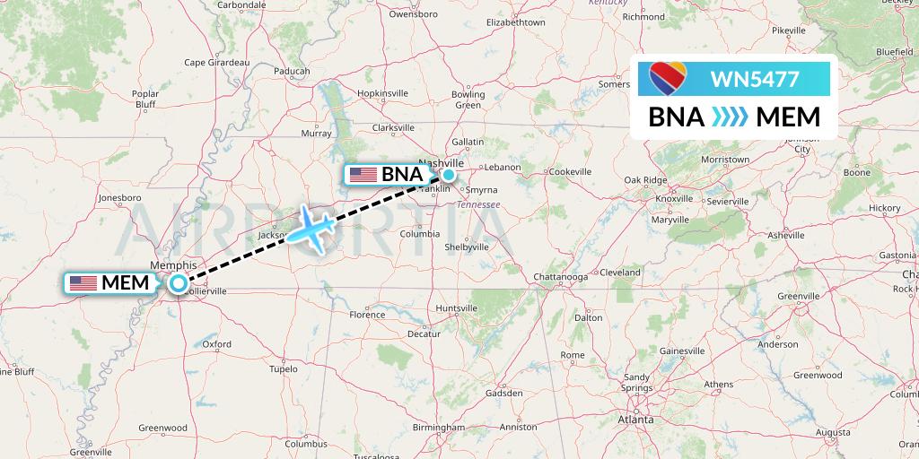 WN5477 Southwest Airlines Flight Map: Nashville to Memphis