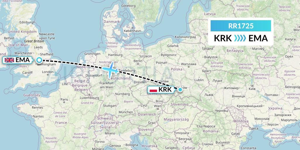 RR1725 Royal Air Force Flight Map: Krakow to East Midlands