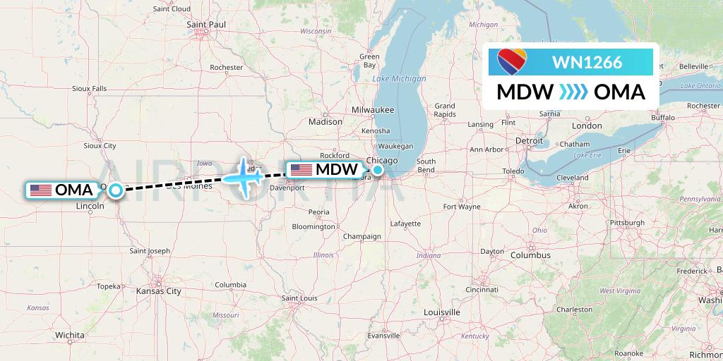 WN1266 Southwest Airlines Flight Map: Chicago to Omaha