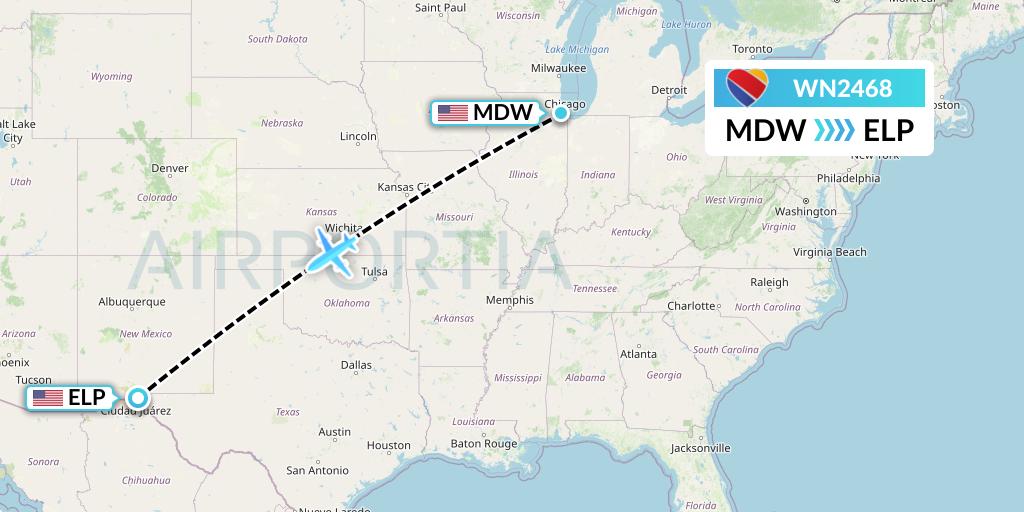 WN2468 Southwest Airlines Flight Map: Chicago to El Paso
