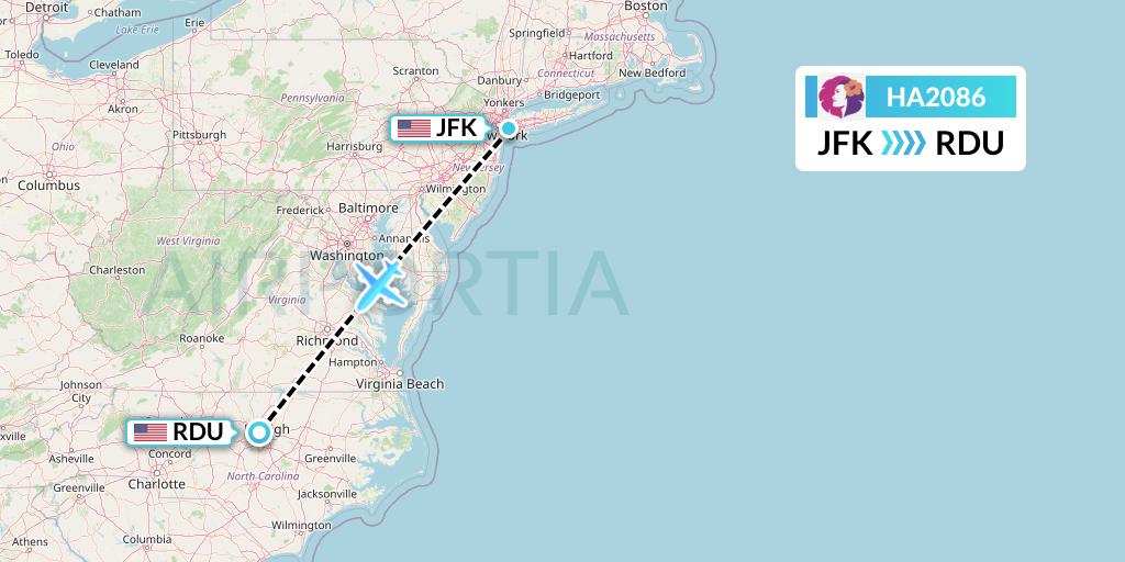 HA2086 Hawaiian Airlines Flight Map: New York to Raleigh-Durham