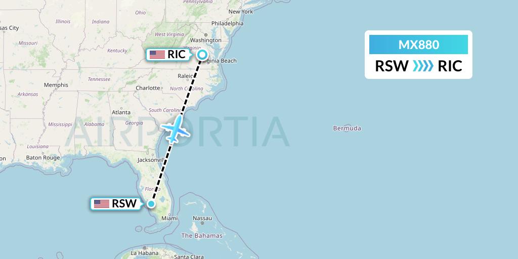 MX880 Breeze Airways Flight Map: Fort Myers to Richmond