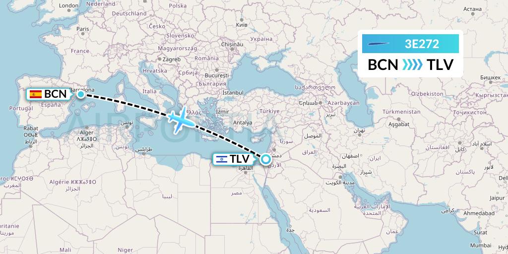 3E272 Air Choice One Flight Map: Barcelona to Tel Aviv