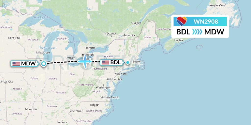 WN2908 Southwest Airlines Flight Map: Windsor Locks to Chicago