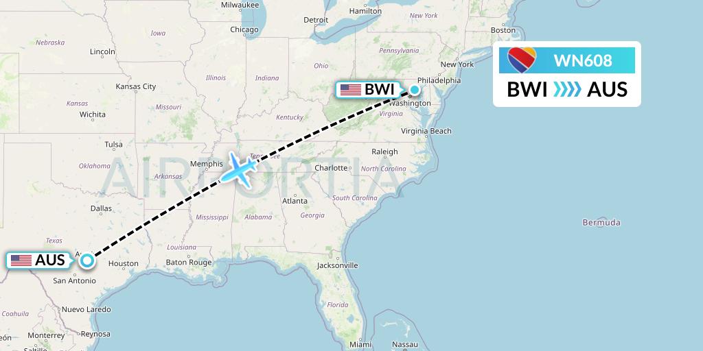 WN608 Southwest Airlines Flight Map: Baltimore to Austin