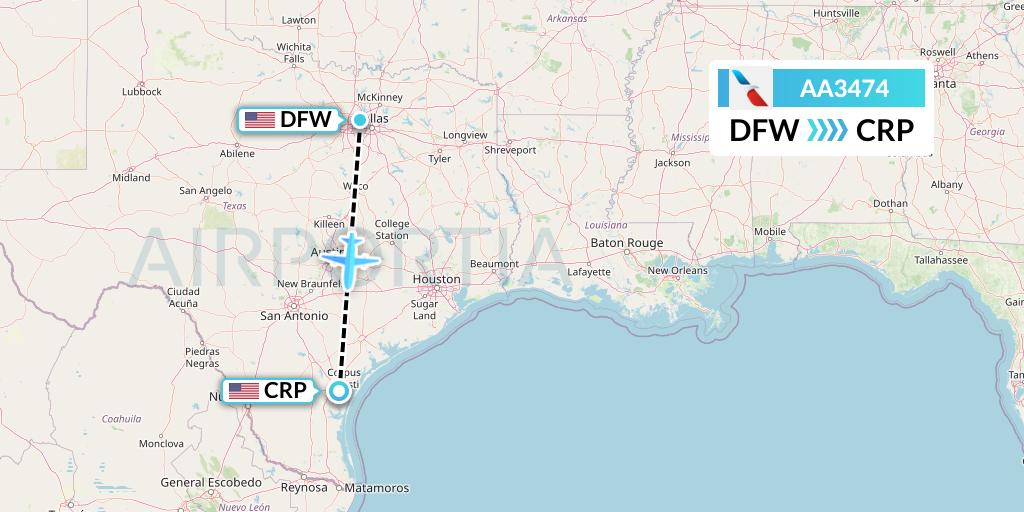 AA3474 American Airlines Flight Map: Dallas to Corpus Christi
