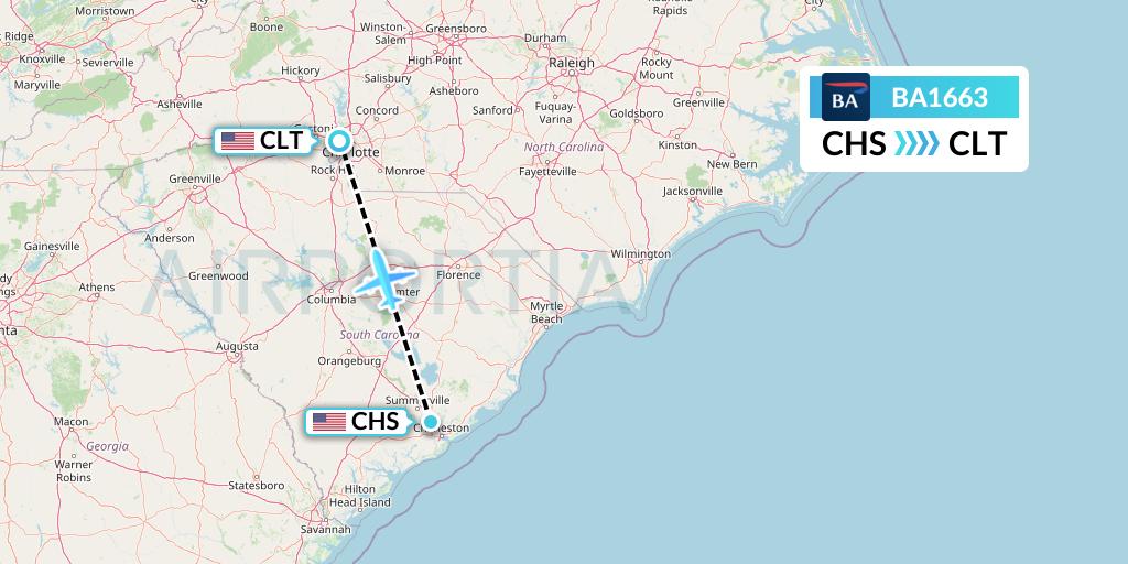 BA1663 British Airways Flight Map: Charleston to Charlotte