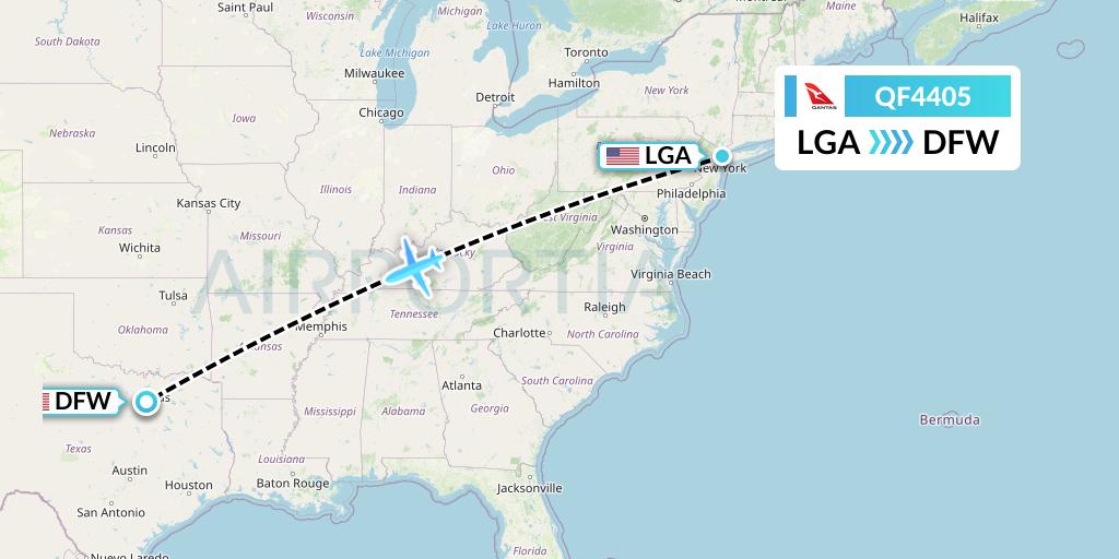 QF4405 Qantas Flight Map: New York to Dallas